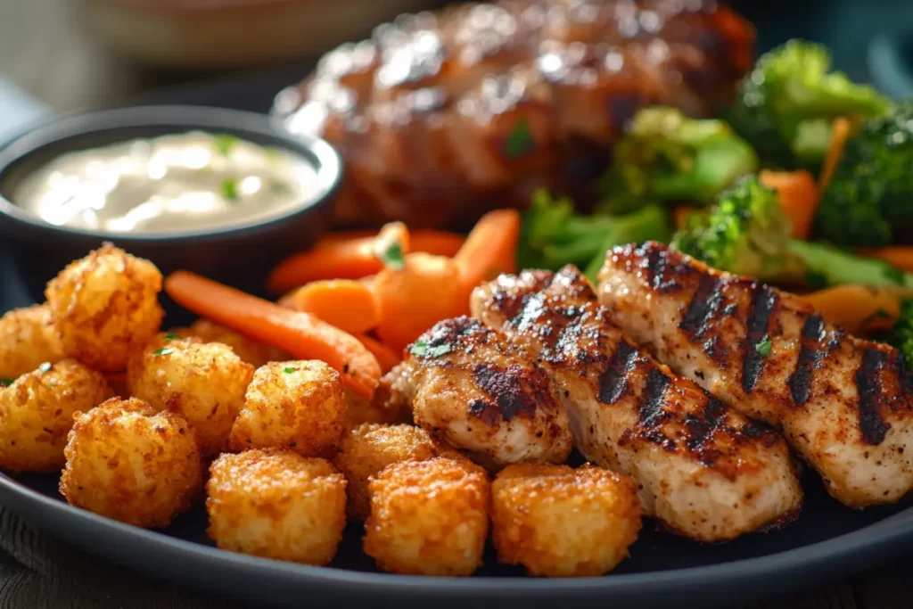 Crispy tater tots served with grilled chicken and a side of vegetables