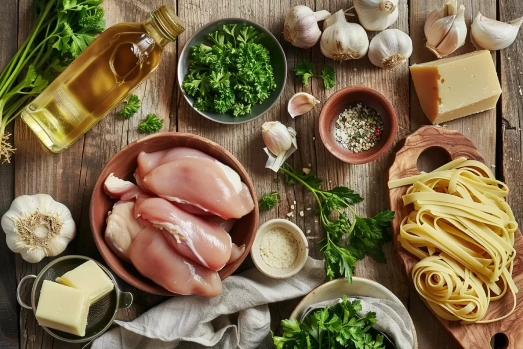 A bowl of creamy Chicken Marsala Fettuccine garnished with fresh parsley and parmesan cheese