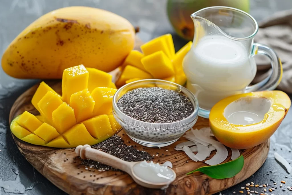 Bowl of mango chia seed pudding topped with fresh mango slices and coconut flakes.