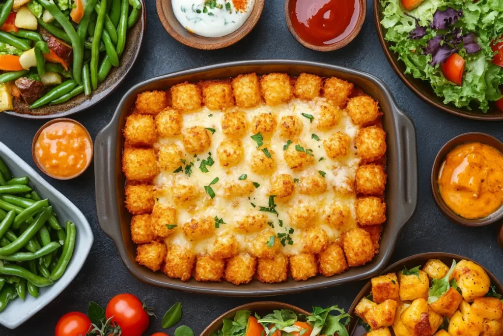 A delicious plate of tater tot casserole served with a variety of colorful side dishes, including salad and roasted vegetables