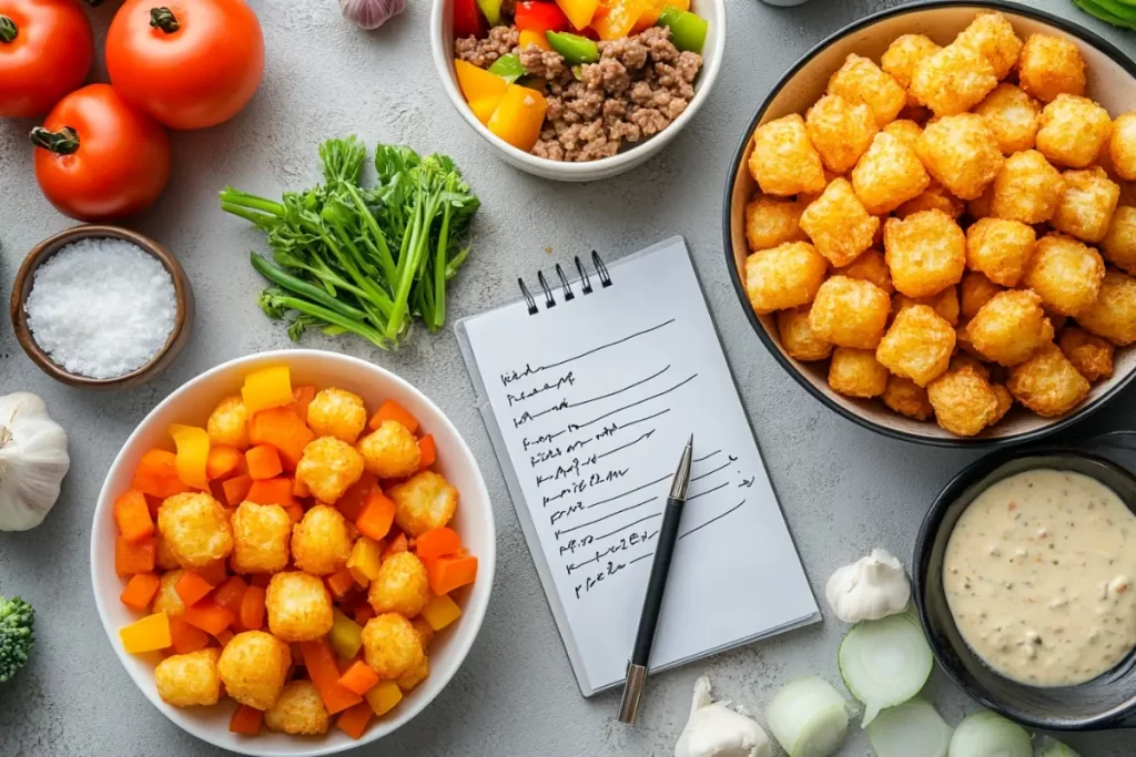 Crispy tater tot casserole with a golden-brown top and savory filling