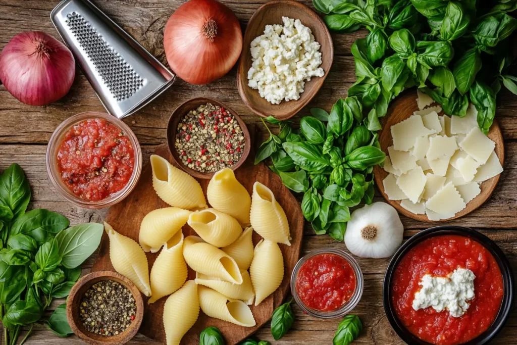 Cheesy beef stuffed shells with marinara sauce in a baking dish, topped with melted mozzarella and fresh herbs.