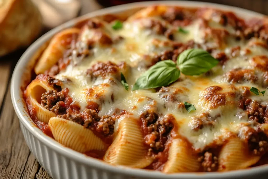 Cheesy beef stuffed shells with marinara sauce in a baking dish, topped with melted mozzarella and fresh herbs.