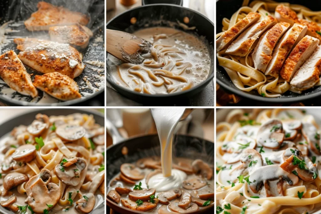 A bowl of creamy Chicken Marsala Fettuccine garnished with fresh parsley and parmesan cheese