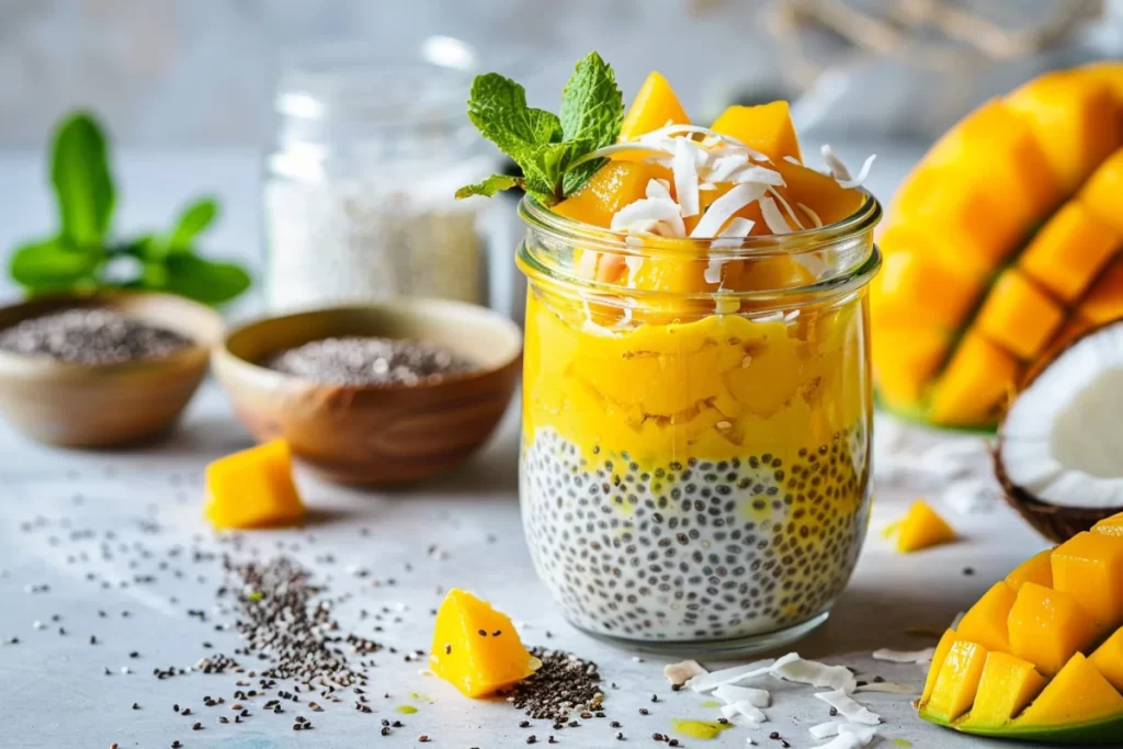 Bowl of mango chia seed pudding topped with fresh mango slices and coconut flakes.