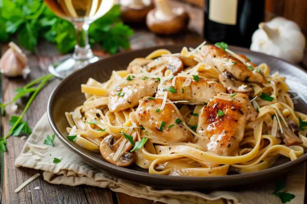 A bowl of creamy Chicken Marsala Fettuccine garnished with fresh parsley and parmesan cheese