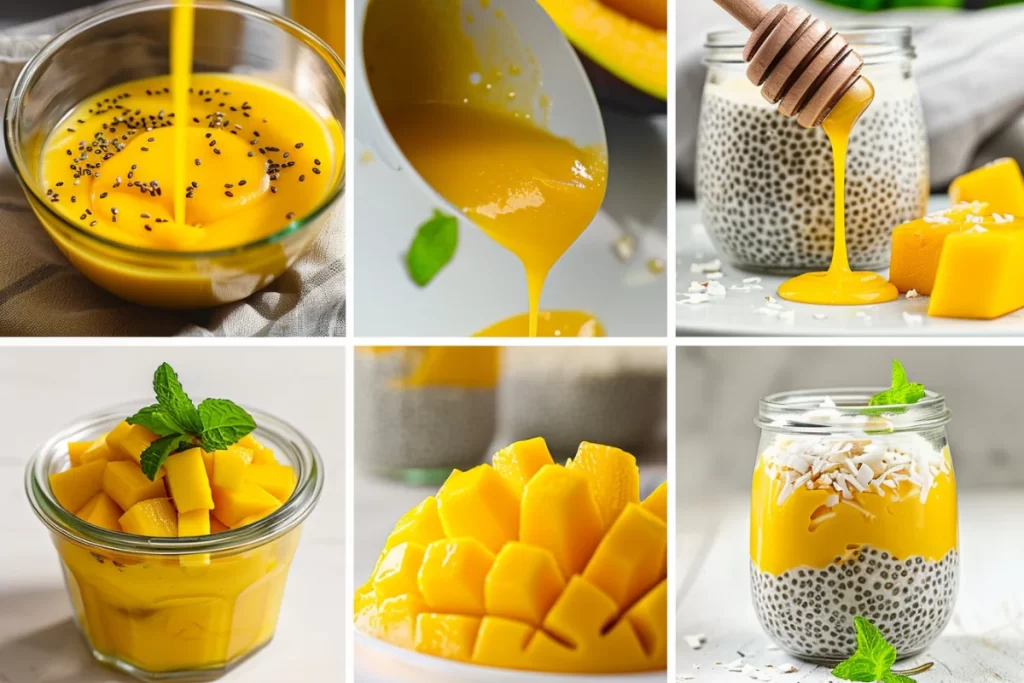 Bowl of mango chia seed pudding topped with fresh mango slices and coconut flakes.