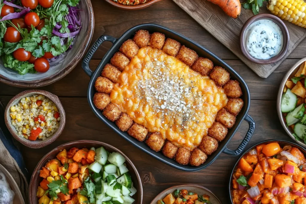 A delicious plate of tater tot casserole served with a variety of colorful side dishes, including salad and roasted vegetables