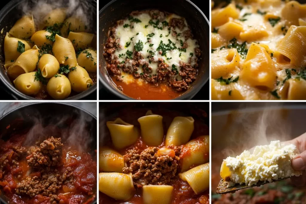 Cheesy beef stuffed shells with marinara sauce in a baking dish, topped with melted mozzarella and fresh herbs.