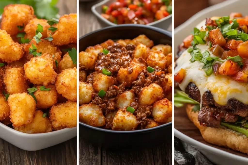 Crispy tater tots served with grilled chicken and a side of vegetables