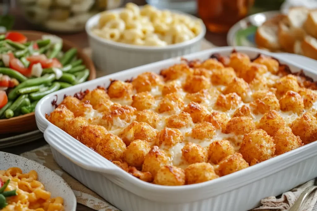 A delicious plate of tater tot casserole served with a variety of colorful side dishes, including salad and roasted vegetables