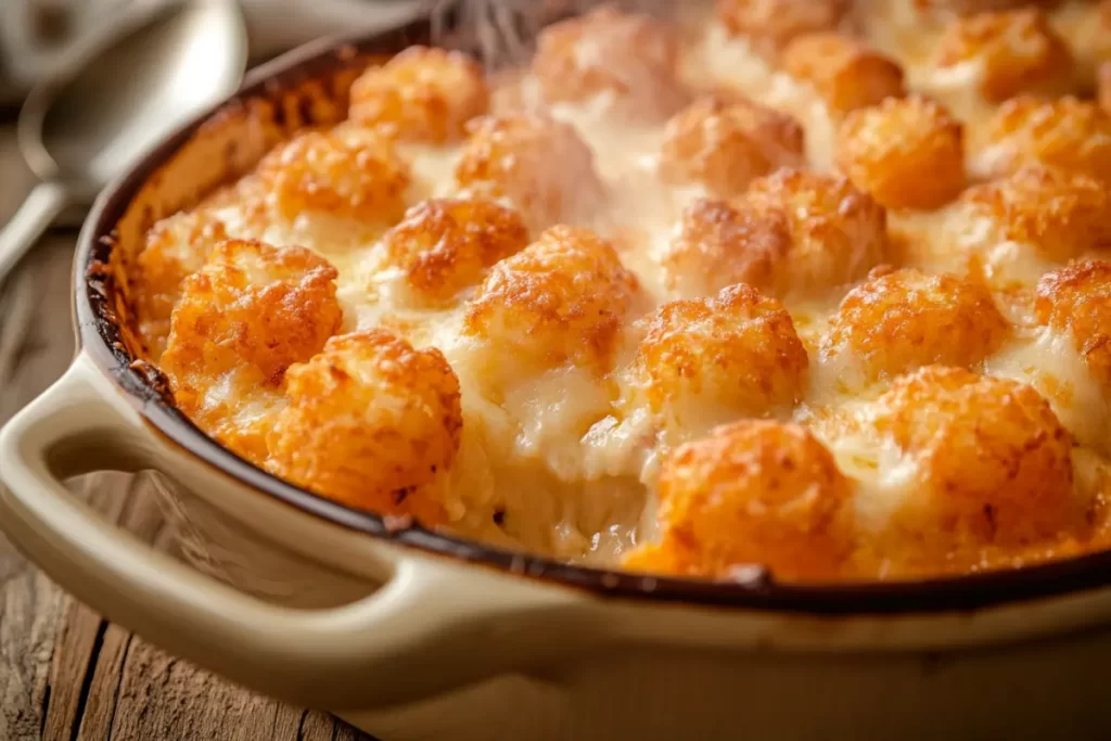 Crispy tater tot casserole with a golden-brown top and savory filling