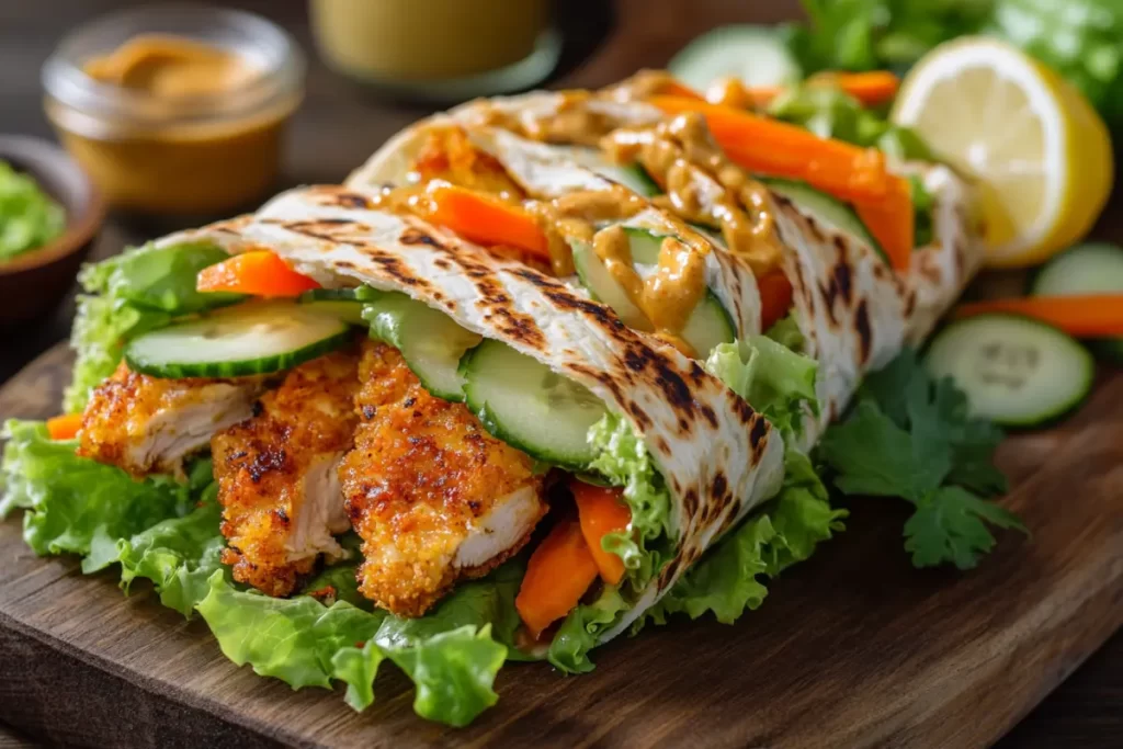 Honey mustard chicken wrap with crispy chicken, fresh vegetables, and tangy honey mustard sauce wrapped in a soft tortilla.