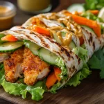 Honey mustard chicken wrap with crispy chicken, fresh vegetables, and tangy honey mustard sauce wrapped in a soft tortilla.