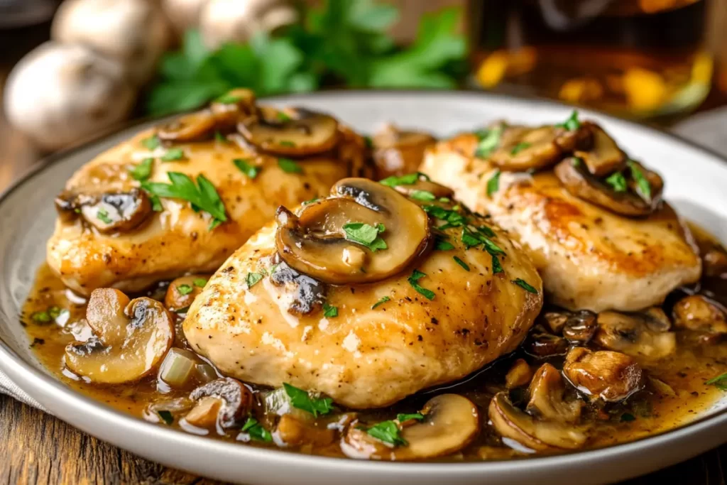 Ingredients for Chicken Marsala sauce including Marsala wine, mushrooms, and chicken