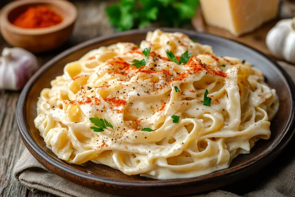 A bowl of creamy Cajun Alfredo pasta with a sprinkle of Parmesan and fresh herbs, showcasing a rich, spicy sauce coating the noodles.