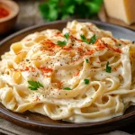 A bowl of creamy Cajun Alfredo pasta with a sprinkle of Parmesan and fresh herbs, showcasing a rich, spicy sauce coating the noodles.