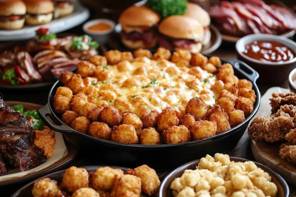 A delicious tater tot casserole, topped with crispy tater tots and melted cheese, served in a baking dish.