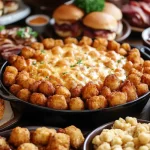 A delicious tater tot casserole, topped with crispy tater tots and melted cheese, served in a baking dish.