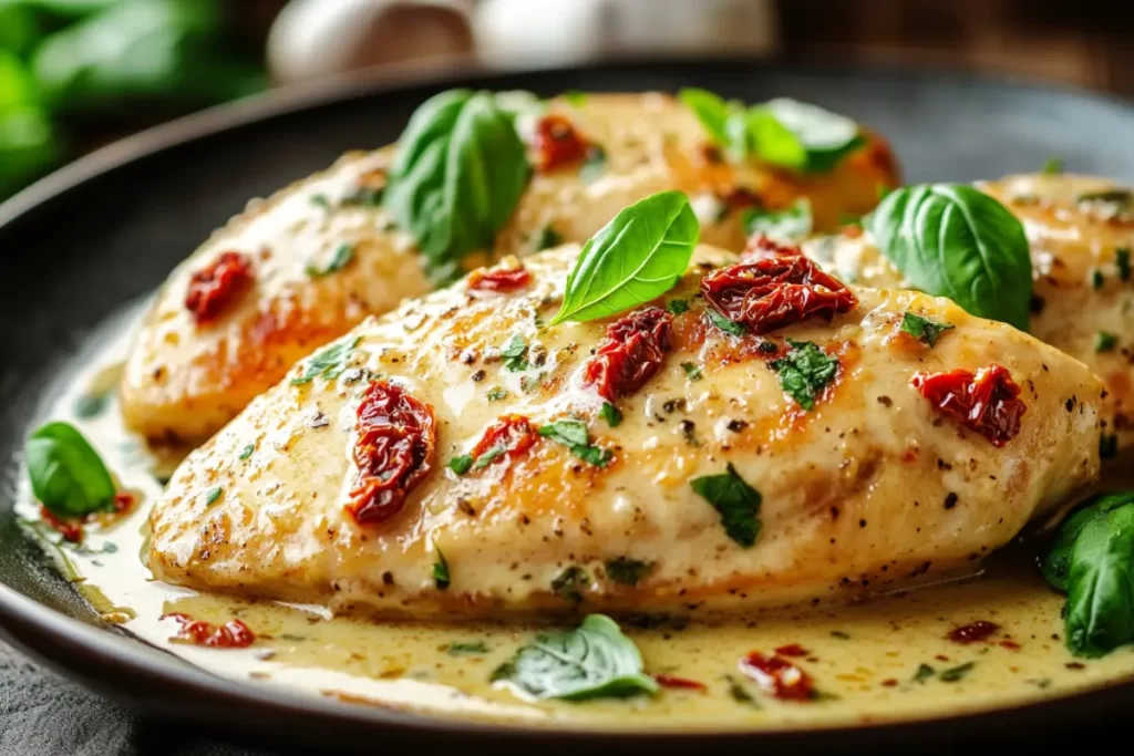 Creamy Marry Me Chicken garnished with fresh basil and sun-dried tomatoes, served in a skillet with a rich sauce.