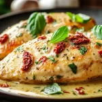 Creamy Marry Me Chicken garnished with fresh basil and sun-dried tomatoes, served in a skillet with a rich sauce.