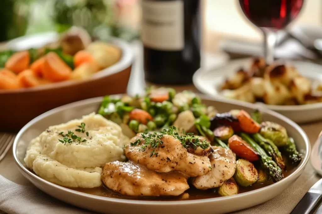 Plate of Chicken Marsala served with a side of creamy mashed potatoes and sautéed spinach.