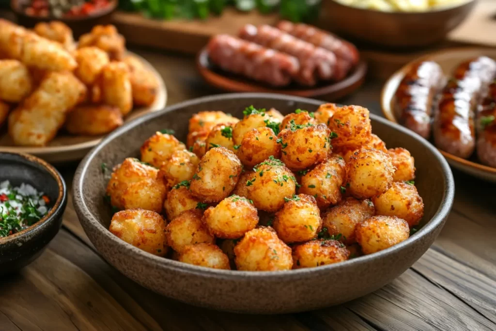 A delicious tater tot casserole, topped with crispy tater tots and melted cheese, served in a baking dish.