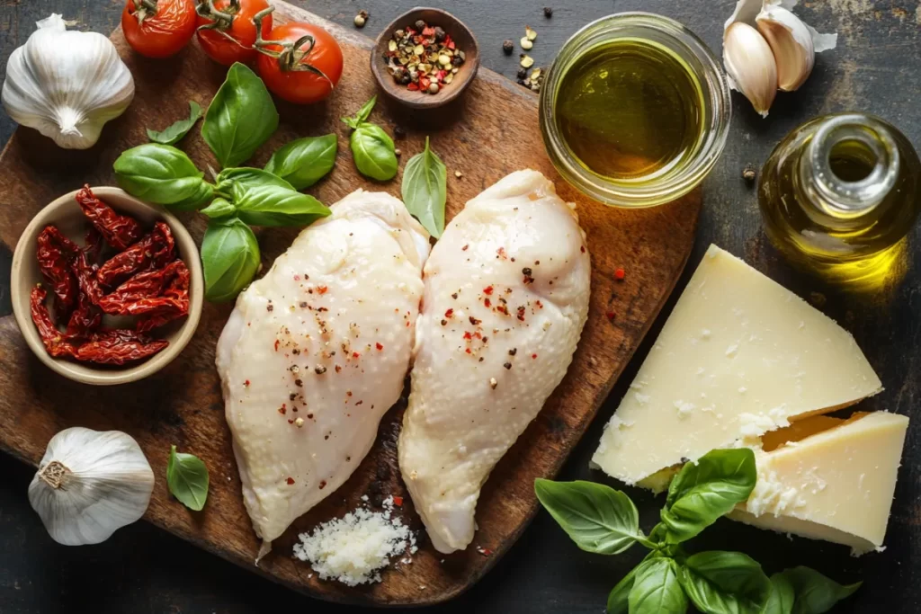 Creamy Marry Me Chicken garnished with fresh basil and sun-dried tomatoes, served in a skillet with a rich sauce.