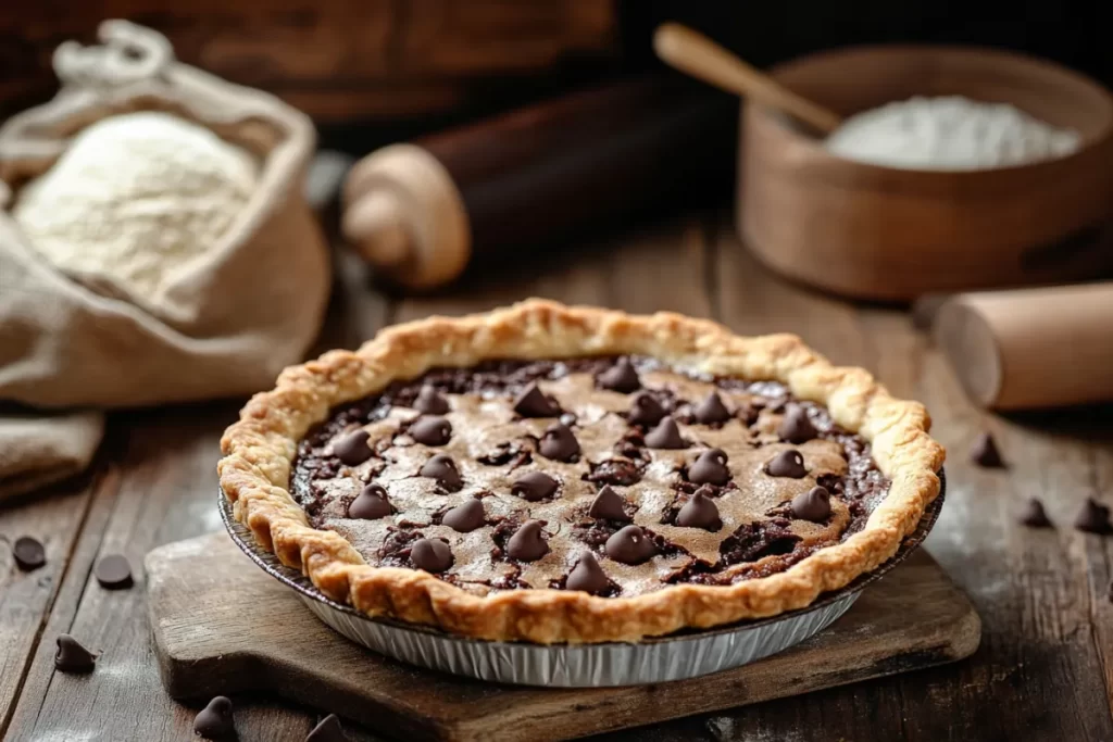 A freshly baked chocolate chip cookie pie with a golden crust and gooey chocolate filling.