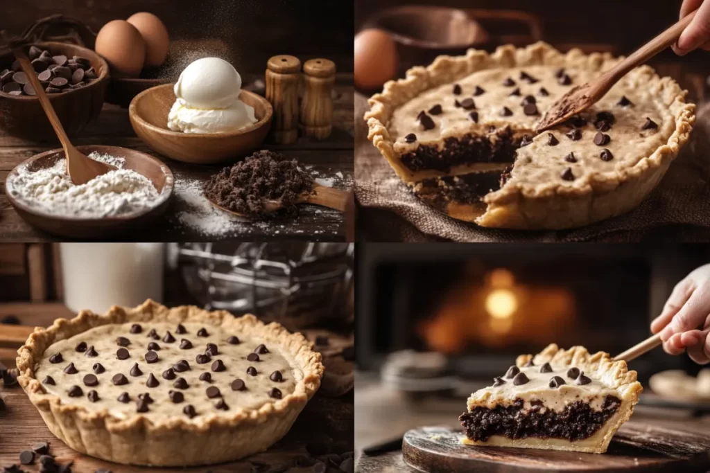 A freshly baked chocolate chip cookie pie with a golden crust and gooey chocolate filling.