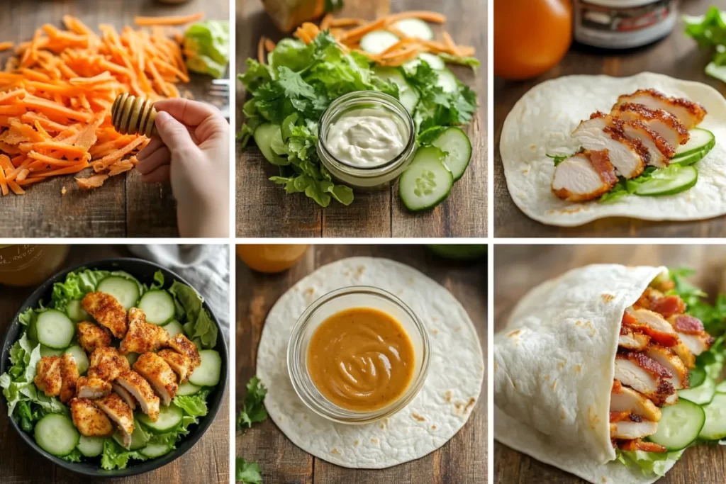 Honey mustard chicken wrap with crispy chicken, fresh vegetables, and tangy honey mustard sauce wrapped in a soft tortilla.