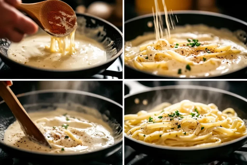 A bowl of creamy Cajun Alfredo pasta with a sprinkle of Parmesan and fresh herbs, showcasing a rich, spicy sauce coating the noodles.