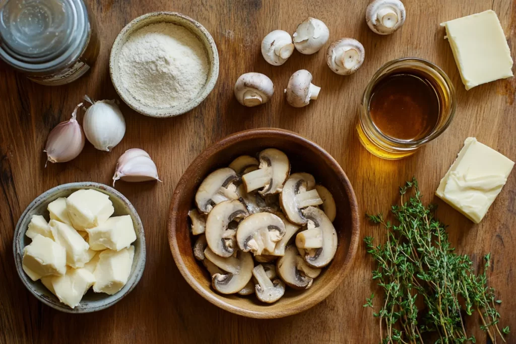 Ingredients for Chicken Marsala sauce including Marsala wine, mushrooms, and chicken