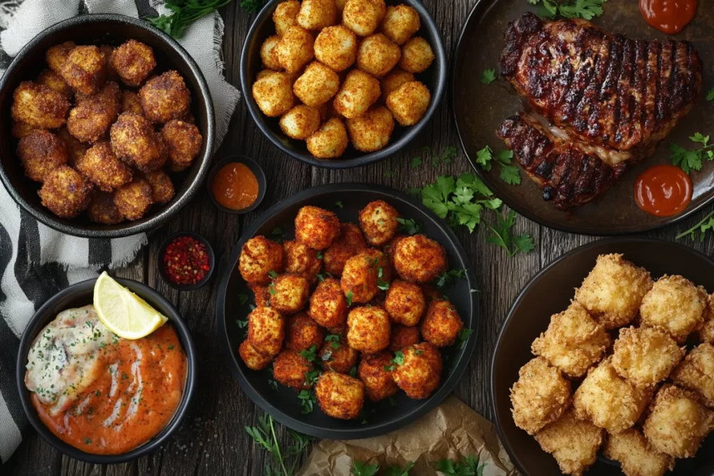 A delicious tater tot casserole, topped with crispy tater tots and melted cheese, served in a baking dish.