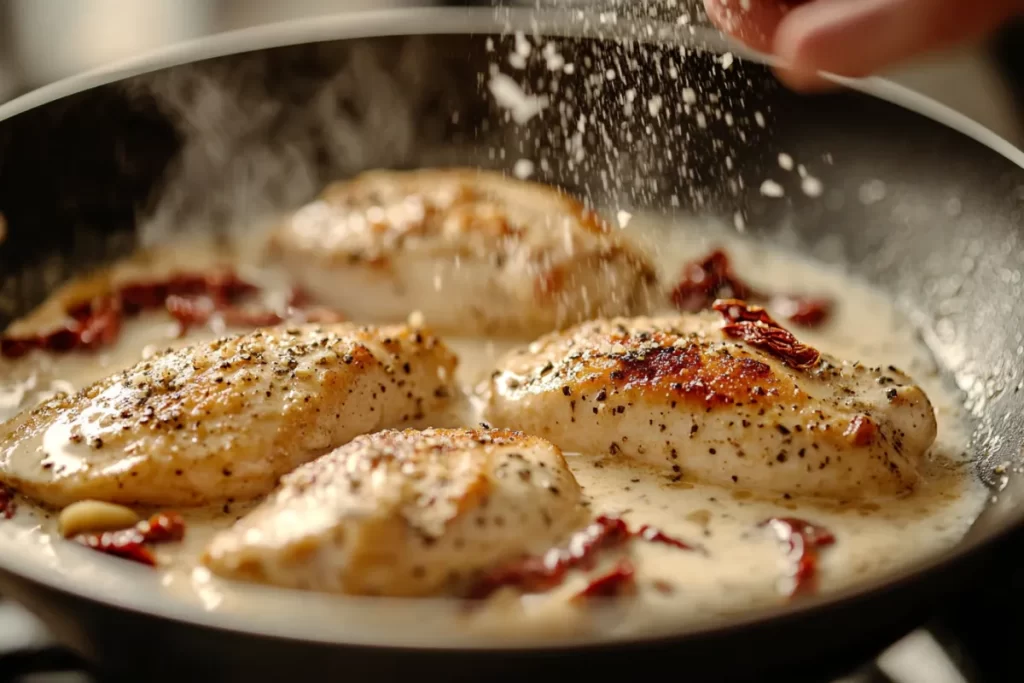 Creamy Marry Me Chicken garnished with fresh basil and sun-dried tomatoes, served in a skillet with a rich sauce.